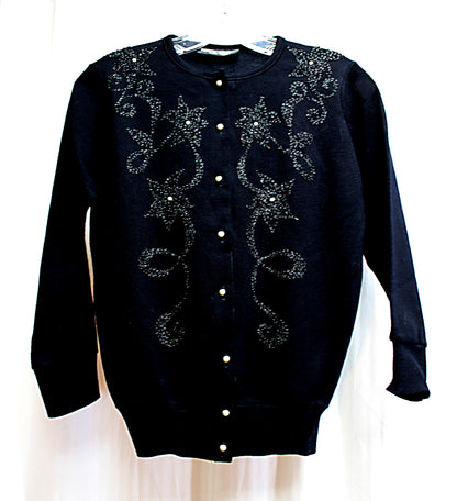 Vintage - Kitty Hawk - Black 3/4th Sleeve Crystal Encrusted w/ Pearl Accents Cardigan Sweater - Size S