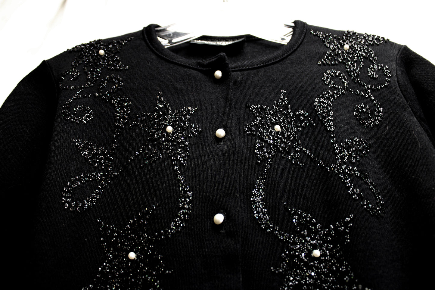 Vintage - Kitty Hawk - Black 3/4th Sleeve Crystal Encrusted w/ Pearl Accents Cardigan Sweater - Size S