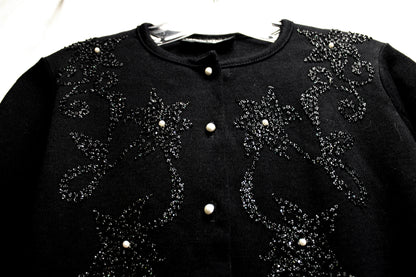 Vintage - Kitty Hawk - Black 3/4th Sleeve Crystal Encrusted w/ Pearl Accents Cardigan Sweater - Size S