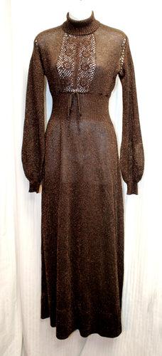 Vintage 1970's -  Black & Copper Metallic Semi Sheer W/ Crotched Bodice Panel  Mock Neck Knit Maxi Dress - Vintage See Measurements 24/26