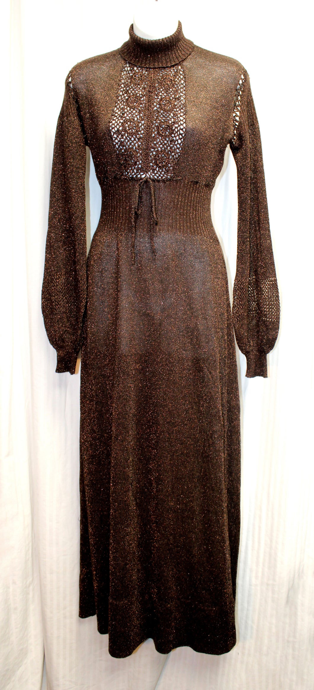 Vintage 1970's -  Black & Copper Metallic Semi Sheer W/ Crotched Bodice Panel  Mock Neck Knit Maxi Dress - Vintage See Measurements 24/26