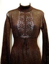 Load image into Gallery viewer, Vintage 1970&#39;s -  Black &amp; Copper Metallic Semi Sheer W/ Crotched Bodice Panel  Mock Neck Knit Maxi Dress - Vintage See Measurements 24/26&quot; Waist