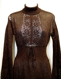 Vintage 1970's -  Black & Copper Metallic Semi Sheer W/ Crotched Bodice Panel  Mock Neck Knit Maxi Dress - Vintage See Measurements 24/26" Waist