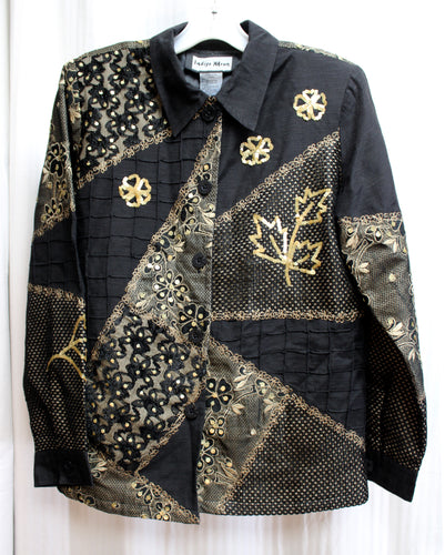 Indigo Moon - Black & Gold Mixed Fabric/Textures w. Gold Sequin Detailing Button Front Jacket - Size S