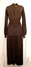 Load image into Gallery viewer, Vintage 1970&#39;s -  Black &amp; Copper Metallic Semi Sheer W/ Crotched Bodice Panel  Mock Neck Knit Maxi Dress - Vintage See Measurements 24/26&quot; Waist
