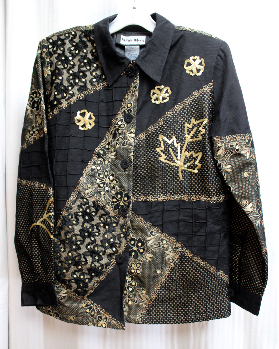 Indigo Moon - Black & Gold Mixed Fabric/Textures w. Gold Sequin Detailing Button Front Jacket - Size S