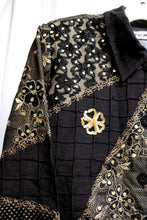 Load image into Gallery viewer, Indigo Moon - Black &amp; Gold Mixed Fabric/Textures w. Gold Sequin Detailing Button Front Jacket - Size S