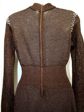 Load image into Gallery viewer, Vintage 1970&#39;s -  Black &amp; Copper Metallic Semi Sheer W/ Crotched Bodice Panel  Mock Neck Knit Maxi Dress - Vintage See Measurements 24/26&quot; Waist