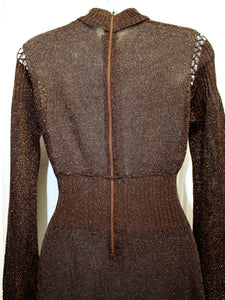 Vintage 1970's -  Black & Copper Metallic Semi Sheer W/ Crotched Bodice Panel  Mock Neck Knit Maxi Dress - Vintage See Measurements 24/26" Waist