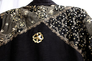 Indigo Moon - Black & Gold Mixed Fabric/Textures w. Gold Sequin Detailing Button Front Jacket - Size S