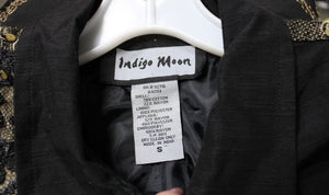Indigo Moon - Black & Gold Mixed Fabric/Textures w. Gold Sequin Detailing Button Front Jacket - Size S