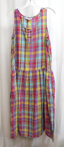 Vintage 1980's - Equation - bright Madras Plaid, Drop Waist, Sleeveless Dress w/ Pockets - Size L
