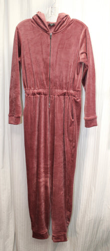 Express - Dusty Rose Hooded, Zip Front Velour Velvet Jumpsuit - Size S