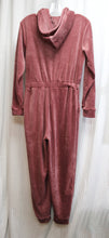 Load image into Gallery viewer, Express - Dusty Rose Hooded, Zip Front Velour Velvet Jumpsuit - Size S
