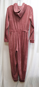 Express - Dusty Rose Hooded, Zip Front Velour Velvet Jumpsuit - Size S