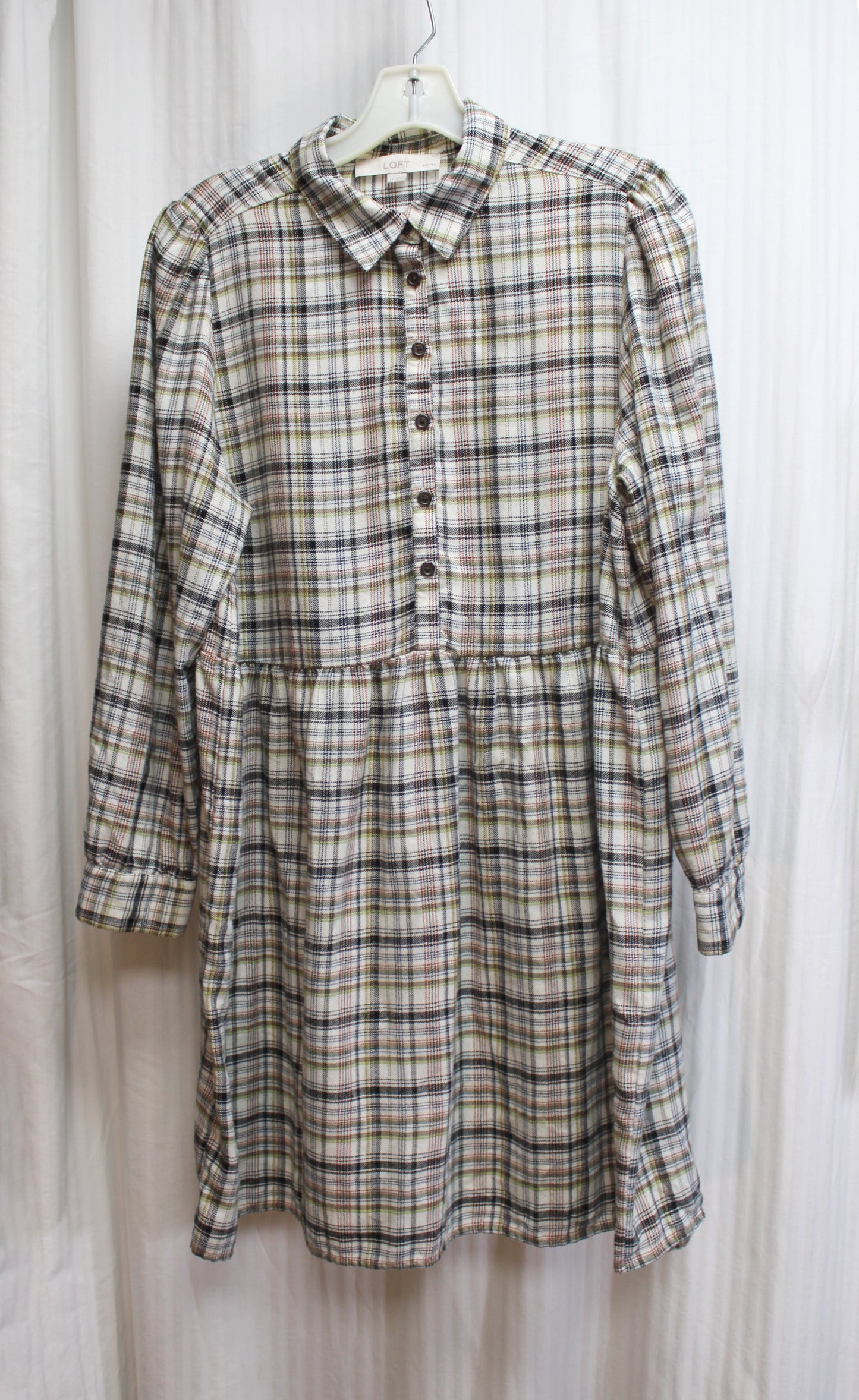 Loft - Flannel, Earth Tone Plaid Long Sleeve Short Dress - Size L Petite