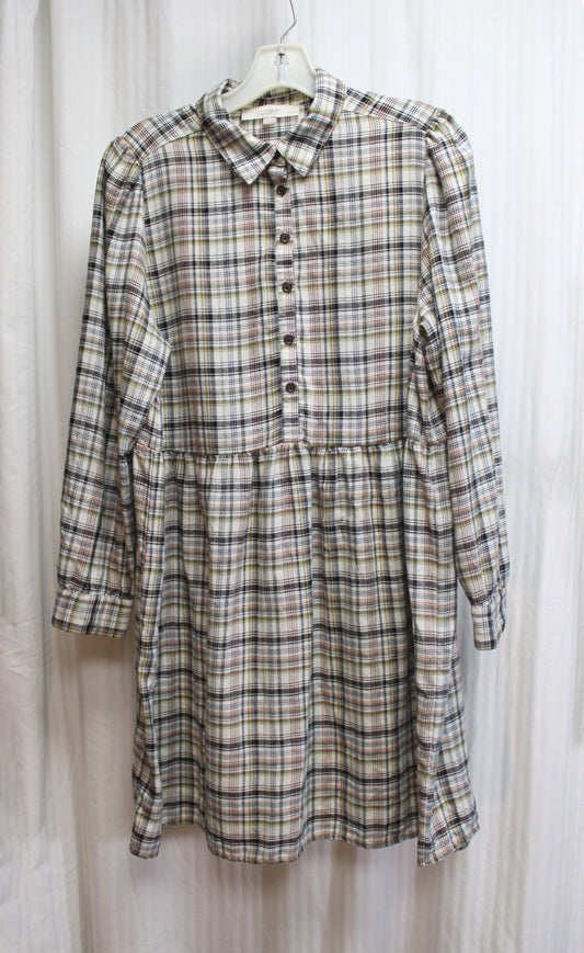 Loft - Flannel, Earth Tone Plaid Long Sleeve Short Dress - Size L Petite
