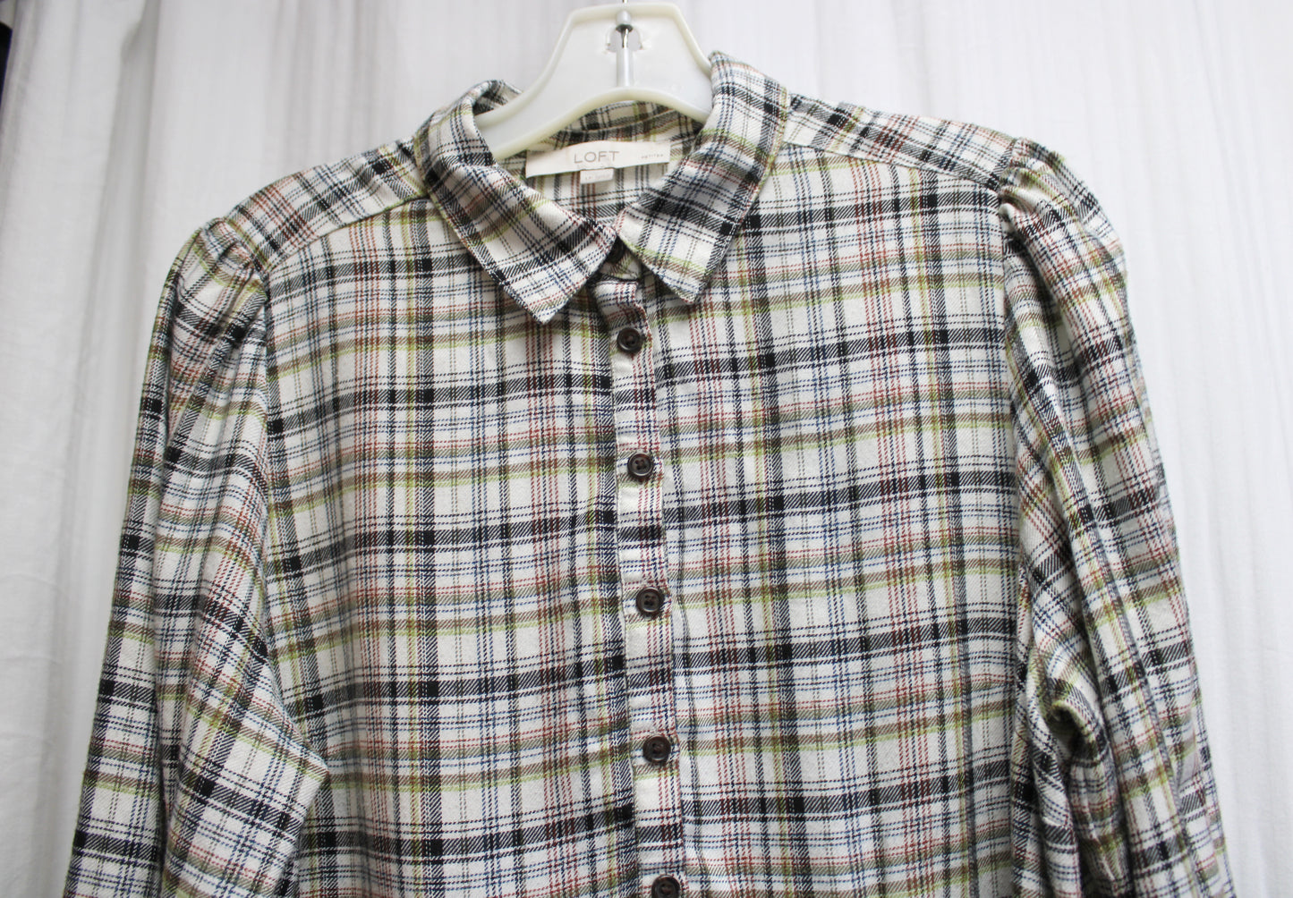 Loft - Flannel, Earth Tone Plaid Long Sleeve Short Dress - Size L Petite