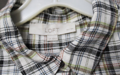 Loft - Flannel, Earth Tone Plaid Long Sleeve Short Dress - Size L Petite