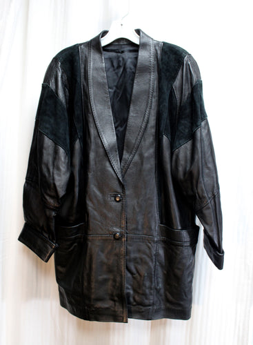 Vintage - Black Oversized Supple Leather Coat w/ Suede Inserts - Size L (approx, See Measurements)