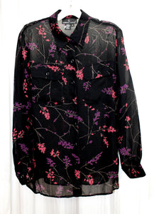 Vintage 90's - Carole Little - Black Semi Sheer w/ Purple & Purple Flowers - Long Sleeve Blouse - Size 4