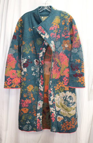 Ivko - Green Colorful Botanical Floral Wool Duster Sweater Coat - Size 40 (Euro) Approx M/L See Measurements & Note)