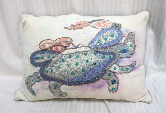 Pier 1 Imports - Coastal / Beach - Watercolor Crab w/ Embroidery & Beading Crab Throw Pillow 19"x13"