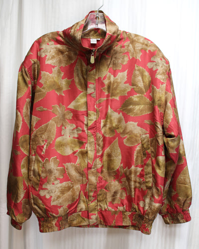 Fuda International - 100% Silk, Red & Brown Leaf Print Oversized Bomber Jacket - Size M