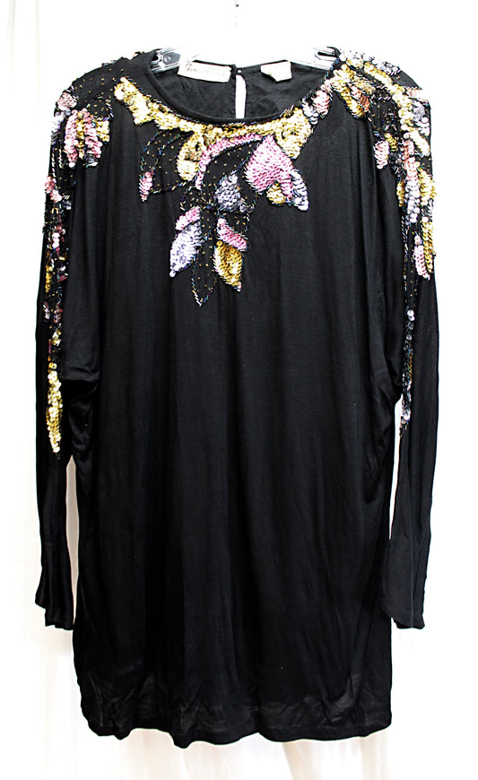Vintage- Jane Ashley - Black Beaded & Sequined Long Sleeve Dolman Tunic Top - Size M