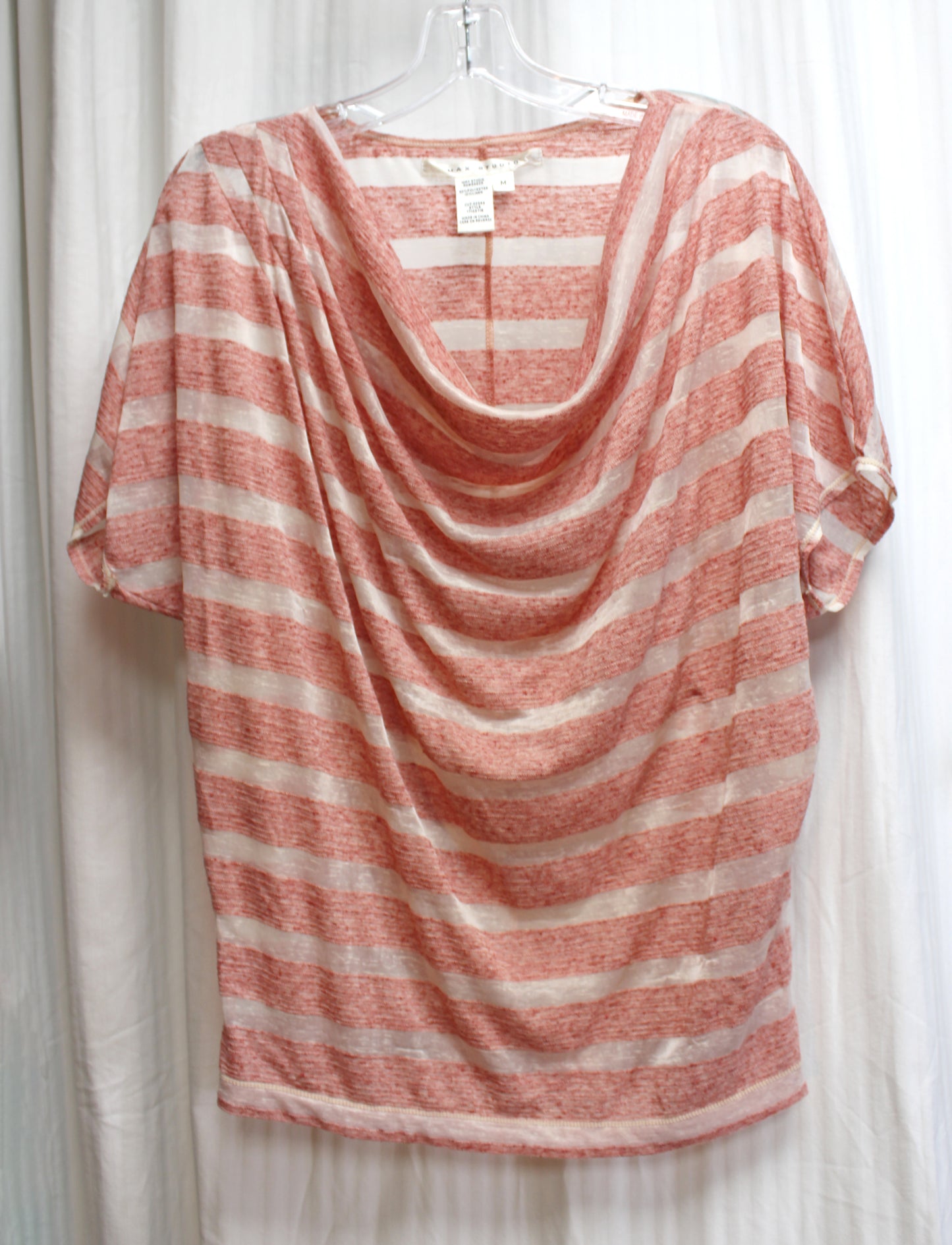 Max Studio - Heathered Red & White Burnout Sheer & Semi Sheer Stripe Cowl Neckline Dolman Sleeve Top - Size M