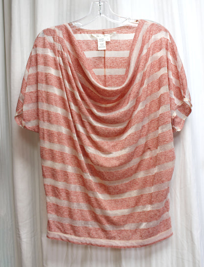 Max Studio - Heathered Red & White Burnout Sheer & Semi Sheer Stripe Cowl Neckline Dolman Sleeve Top - Size M