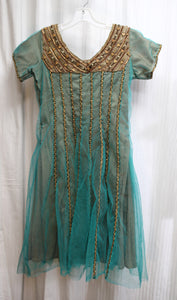 Mini Singh - Ethnic Green Tulle Over Bronze w/ Copper, Brozed & Stone Beading & Embroidery Dress - Size 28 ( See Measurements 30" Waist Area)