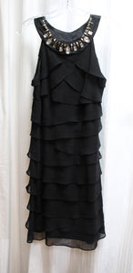Vintage - S.L. Fashions - Black Sleeveless Tiered Ruffle w/ Jeweled Neckline Cocktail Dress - Size 8