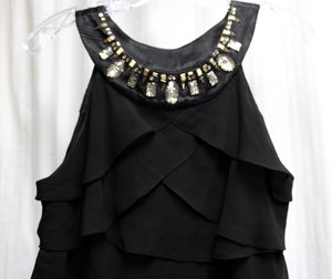 Vintage - S.L. Fashions - Black Sleeveless Tiered Ruffle w/ Jeweled Neckline Cocktail Dress - Size 8