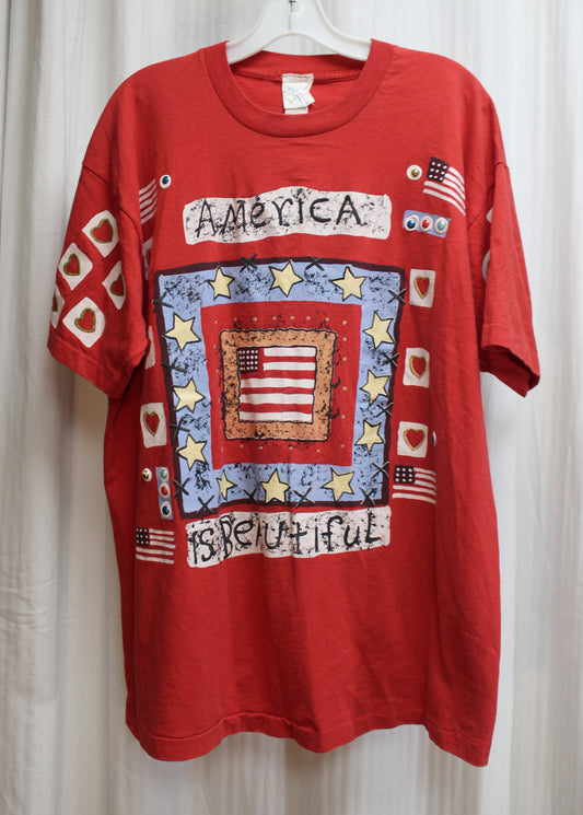 Vintage (Single STitch) India Inks Painty arts - America Is Beautiful Art To Wear Embellished Red T-Shirt - Size ONE SIZE
