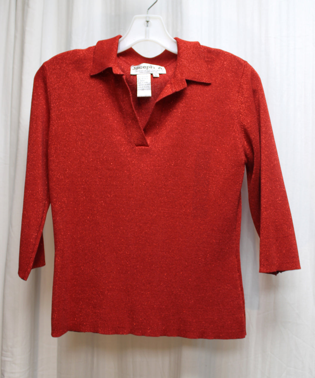 Joseph A. - Silk & Metallic Fleck Red  3/4th Sleeve V Neck Sweater - Size L