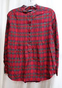 Lands' End -  Collarless Red Plaid Flannel Shirt w/ Pintuck Chest Detail - Size 4 Petite