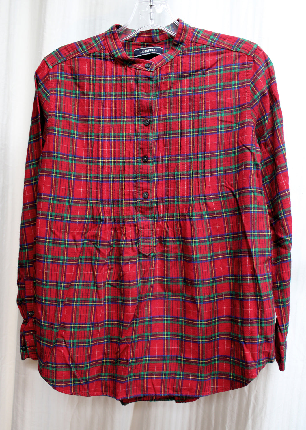 Lands' End -  Collarless Red Plaid Flannel Shirt w/ Pintuck Chest Detail - Size 4 Petite