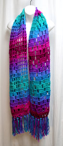 Hand Knitted Vibrant Rainbow Fringed Scarf - 82"