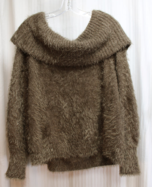 Express - Drab Green - Off/On Shoulder Fuzzy, Bishop Sleeve Soft Sweater - Size L