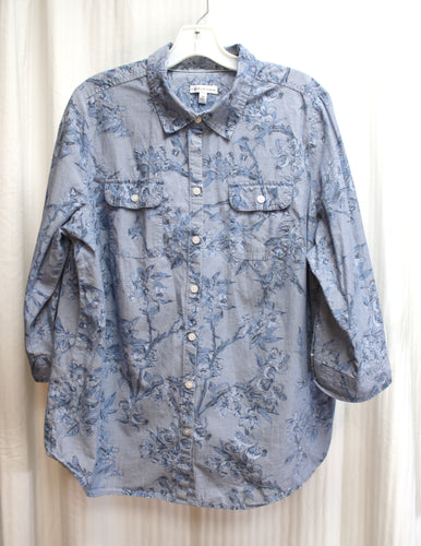 Croft & Barrow - Blue Floral Chambray 3/4th, Button Front Shirt - Size 1X