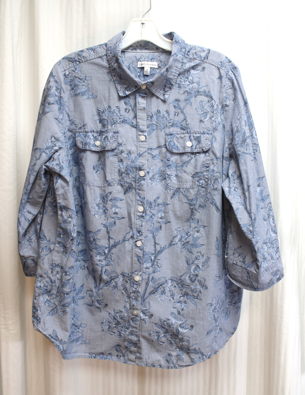 Croft & Barrow - Blue Floral Chambray 3/4th, Button Front Shirt - Size 1X