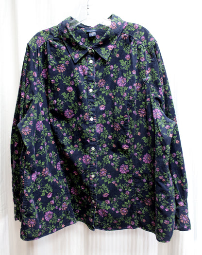 Vintage- Basic Editions - Navy & Purple Floral Cotton Heavyweight Corduroy Pearl Snap Front Shirt - Size 3X