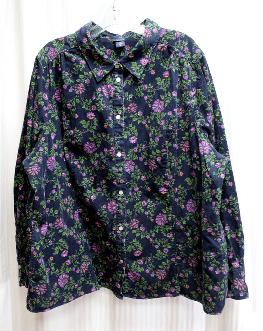 Vintage- Basic Editions - Navy & Purple Floral Cotton Heavyweight Corduroy Pearl Snap Front Shirt - Size 3X