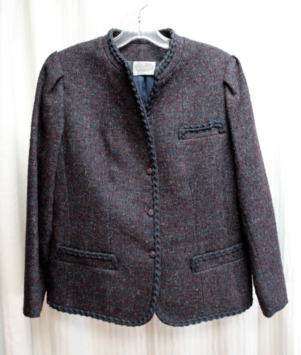 Vintage 1960's - Madame Runge (Canada) - Brick Red & Blue Heathered Wool Blend w/ Braided Stitch Hem Detailing Jacket - See Measurements 20