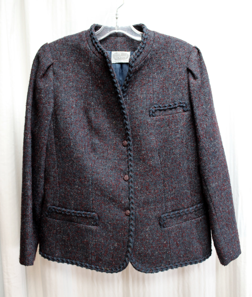 Vintage 1960's - Madame Runge (Canada) - Brick Red & Blue Heathered Wool Blend w/ Braided Stitch Hem Detailing Jacket - See Measurements 20