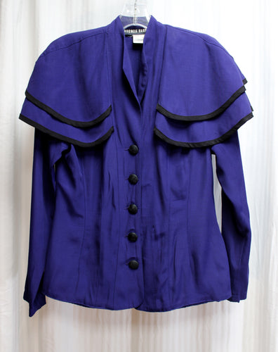 Vintage - Rhonda Harness - Indigo Blue w/ Black Trim Victorian Inspired Double Caplet Jacket - Size 8 (Vintage- See Measurements) 18.5
