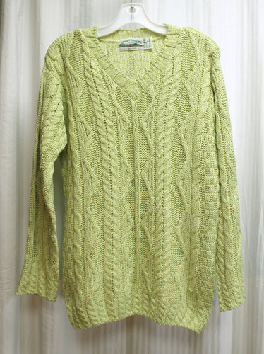 Vintage - Aran Crafts Ireland - Yellow-Green Cable V-Neck Knit Sweater - Size S