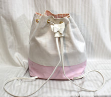 Load image into Gallery viewer, Juicy Couture - Pink &amp; White Shimmer Bow Drawstring Bucket Back Pack