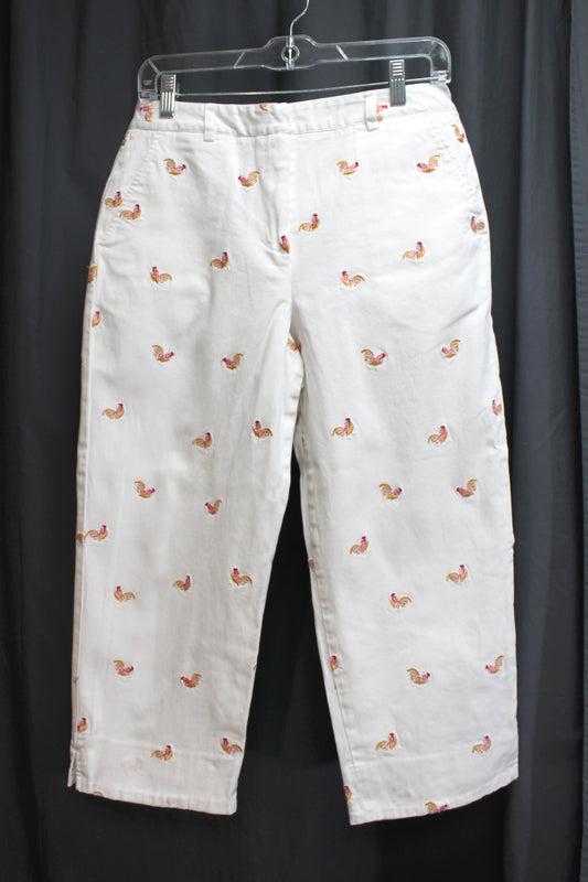 Larry Levine Stretch - White Rooster/Hen Embroidered Cropped Pants - Size 8 (PETITE)